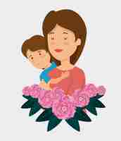 Free vector beauty woman with her son and roses with leaves