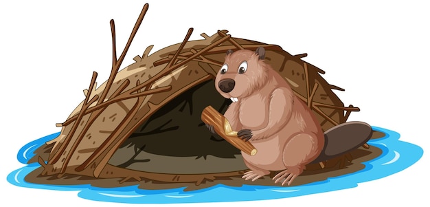 Vettore gratuito un castoro che costruisce una diga in stile cartone animato