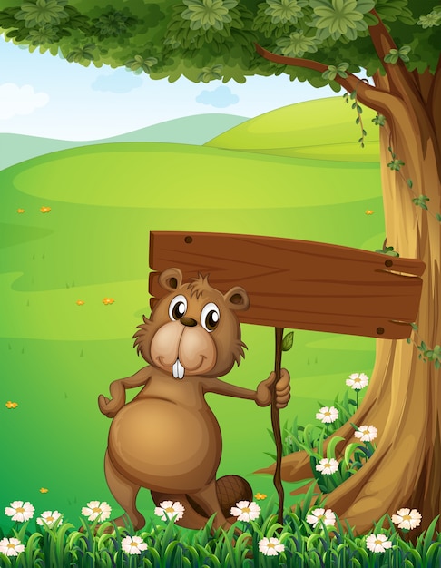 A beaver standing under the tree with an empty board