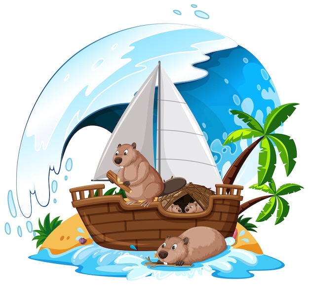 Beavers on sailboat with ocean wave Free Vector