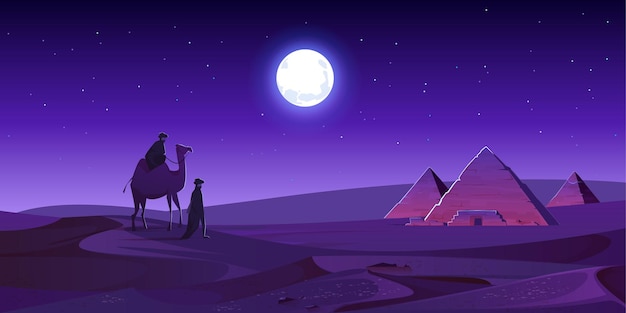 Free vector bedouins walk to egypt pyramids on camel at night desert.