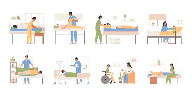 Bedridden care flat set with eight isolated compositions of physicians taking care of bed bound patients vector illustration