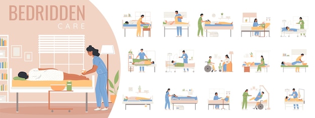 Bedridden care set with isolated compositions of flat icons with doctors taking care of bed bounds vector illustration