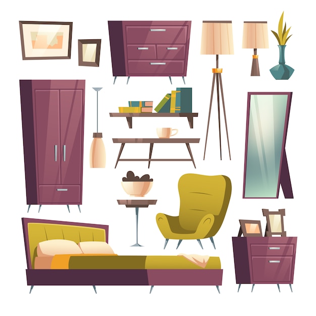 Bedroom furniture cartoon set for room interior