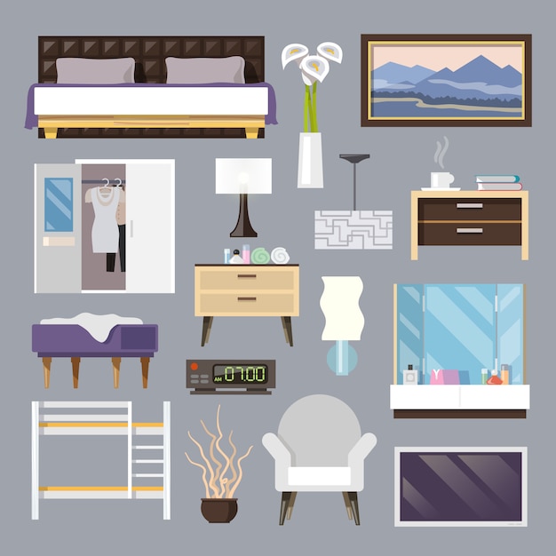 Bedroom furniture flat icons set