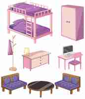 Free vector bedroom furniture objects isolated on white background