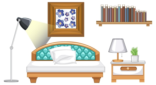 Vettore gratuito set di mobili per camera da letto per l'interior design su sfondo bianco