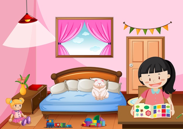 Free vector bedroom of girl in pink color theme with a girl