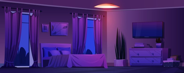 Бесплатное векторное изображение Интерьер спальни ночью мультяшная векторная иллюстрация темной комнаты для отдыха и сна с двуспальной кроватью с подушками, телевизором и картинами на стенах, большими окнами с занавесками и светом от лампы