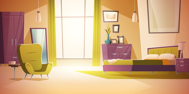 Free vector bedroom interior cartoon, double bed, wardrobe