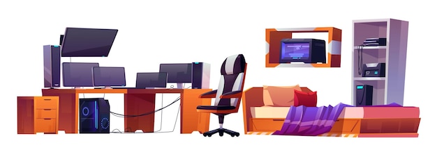 ゲーマー、プログラマー、ストリーマーの寝室のインテリア。机、椅子、未完成のベッド、白い背景で隔離の棚にプリンターを備えたティーンエイジャーの部屋の家具のベクトル漫画セット