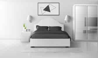 Vettore gratuito interno camera da letto in colori bianco e nero, casa moderna