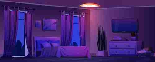 Free vector bedroom interior at night cartoon vector illustration of dark room for rest and sleep with double bed with pillows tv and paintings on walls large windows with curtains and light from lamp