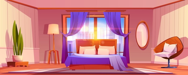 Бесплатное векторное изображение Интерьер спальни с двуспальной кроватью мультяшная уютная комната, наполненная солнечным светом для сна и отдыха с городом за большим окном со шторами, деревянная мебель, зеркало на стене, торшер и растение