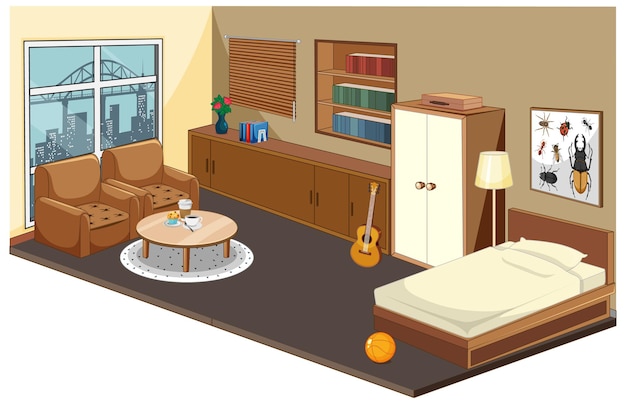 Free vector bedroom interior with furniture and decoration elements in wooden theme