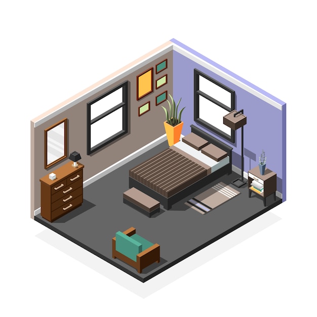 Free vector bedroom isometric interior composition