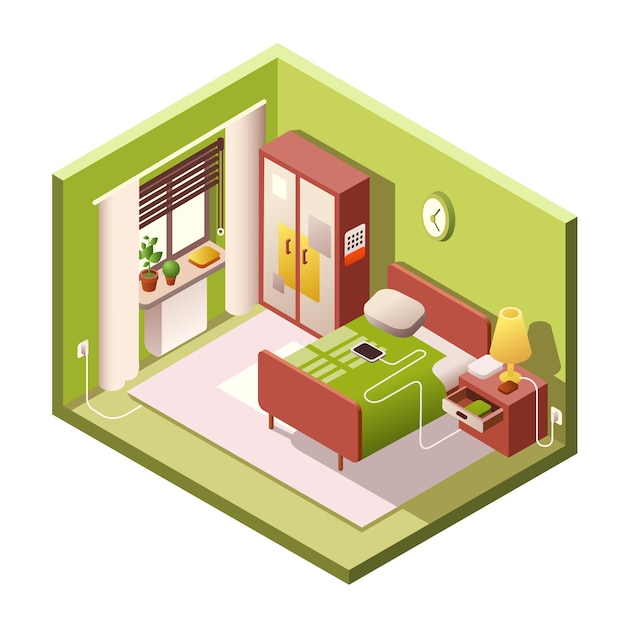 Bedroom isometric of modern small room interior with furniture in cross section.