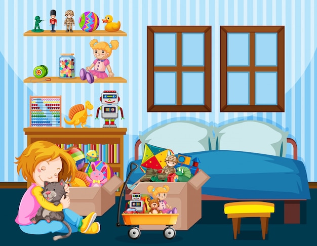 Free vector bedroom scene with girl and cat on the floor