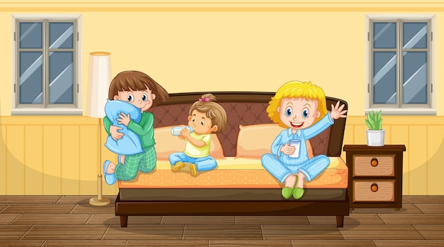 Scena della camera da letto con tre bambini in pigiama