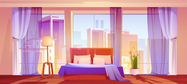 Free vector bedroom with city view home or hotel interior