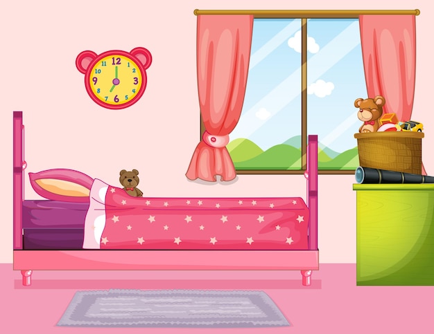 분홍색 침대와 커튼이 있는 침실