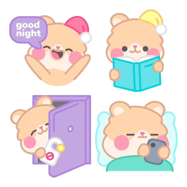 Free vector bedtime stickers collection with kimchi the hamster