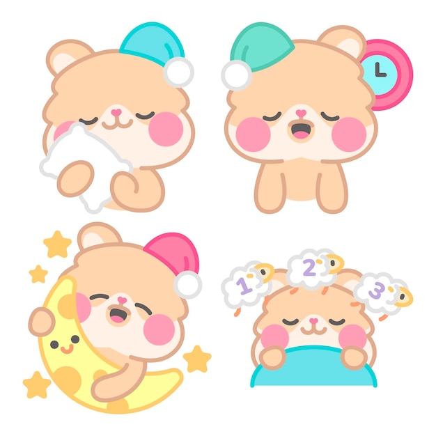 Free vector bedtime stickers collection with kimchi the hamster