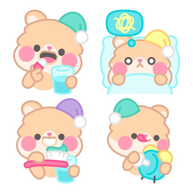 Free vector bedtime stickers collection with kimchi the hamster