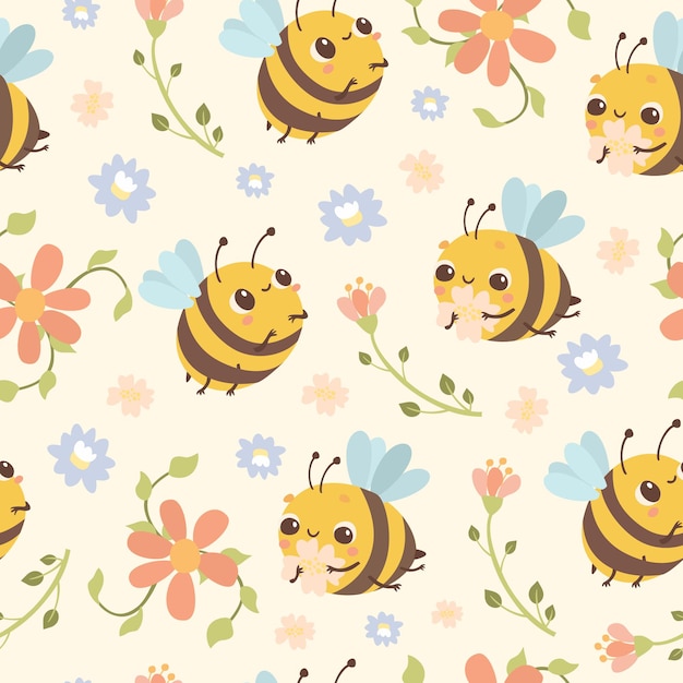 Бесплатное векторное изображение Пчела и цветы узор
