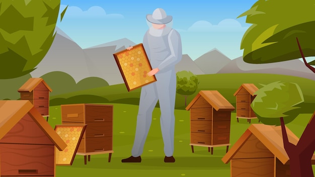 Bee apiary in rural landscape horizontal flat composition with beekeeper holding frame with honeycombs