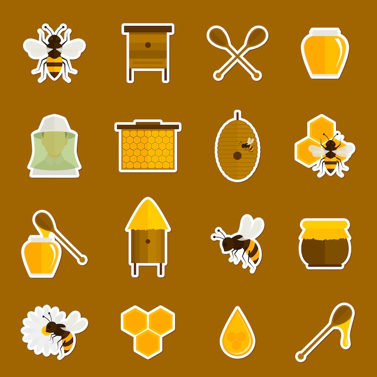 Free Vector bee honey icons stickers set with spoon jar bumblebee isolated vector illustration
