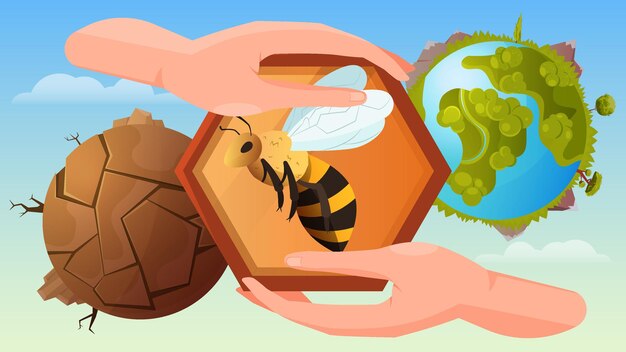 Bee protection illustration with human hands holding honeycomb at blooming and dead planet