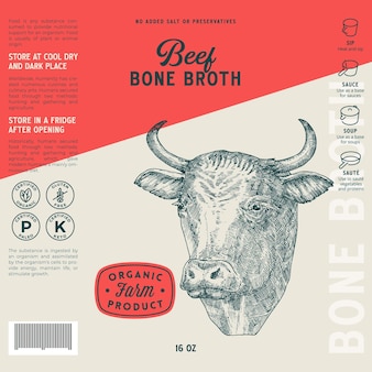 Beef bone broth label template abstract vector food packaging design layout hand drawn bull or cow h...