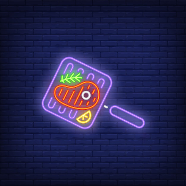 Free vector beef steak on grill with rosemary pan neon sign