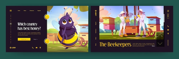 Beekeeping landing page cartoon templates set