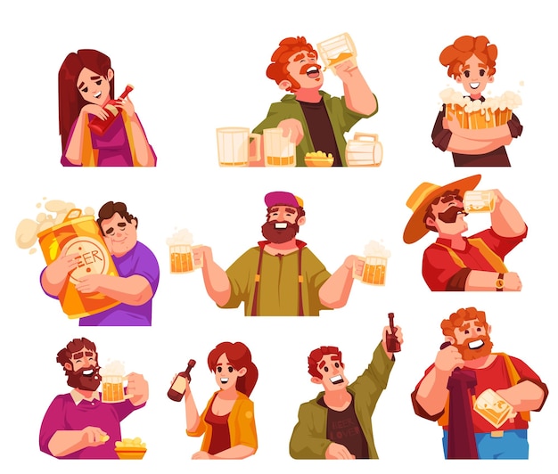 Free vector beer cartoon icons set with people holding beverage bottles and glasses isolated vector illustration