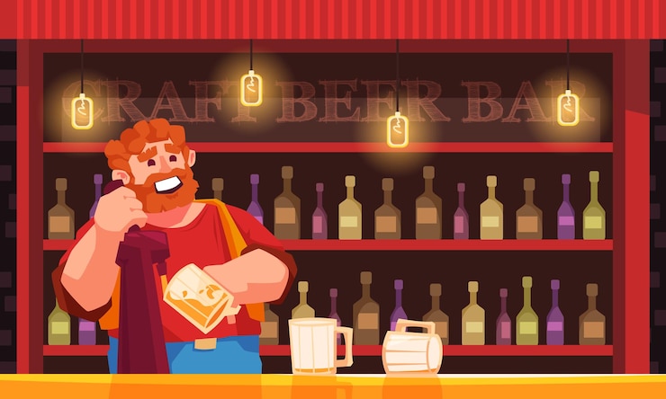 Free Vector beer cartoon poster with happy bartender behind pub counter vector illustration