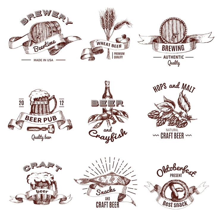 Free Vector beer colored hand drawn emblems with letterings and ribbons drink in mugs snacks barrels