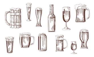 Beer drink in glasses, pints, mugs, can sketch set