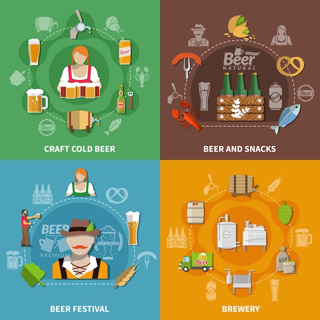 Beer festival brewery process and different snacks 2x2 icons set isolated on colorful