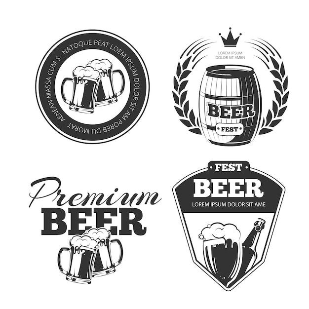 Beer festival logos set. Bottle beer, pub beer and beverage beer logos