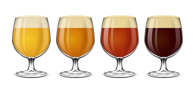 Free vector beer glass set. lager and ale, amber and stout glasses of beer on white. drink beer in glass illustration