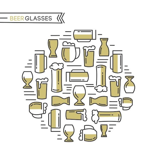 Collezione di bicchieri di birra con diversi tipi di bicchieri beige tirati birre leggere e malti disegnati a mano sul bianco