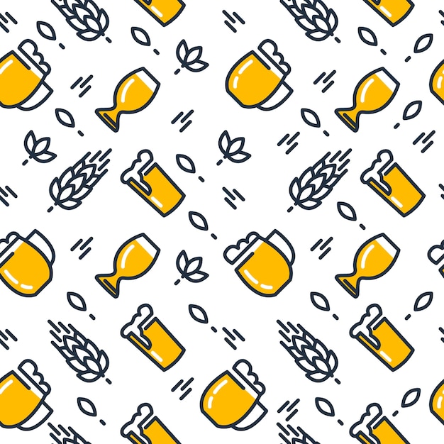 Beer glasses seamless pattern with different kinds of glasses pulled light beers and malts hand drawing on the white 