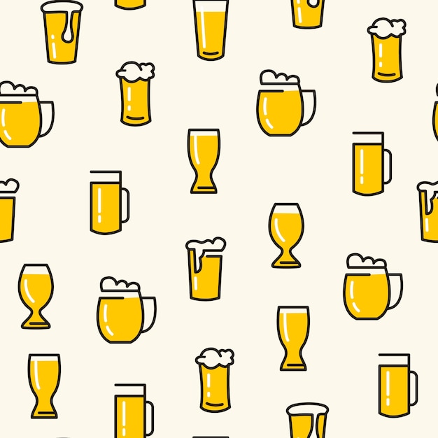 Beer glasses seamless pattern with different kinds of glasses pulled light beers on the white 