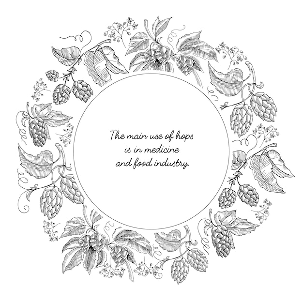Пивной хмель круг венок эскиз композиции с красивыми карикатурами цветов и надписью