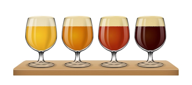 Free vector beer light on white background. set of different sorts in glass illustration