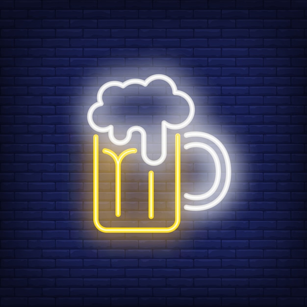 Beer mug with froth on brick background. neon style illustration. pub, bar, oktoberfest