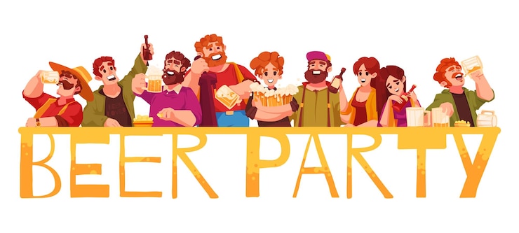 Free Vector beer party composition with happy male and female holding full glasses and bottles vector illustration
