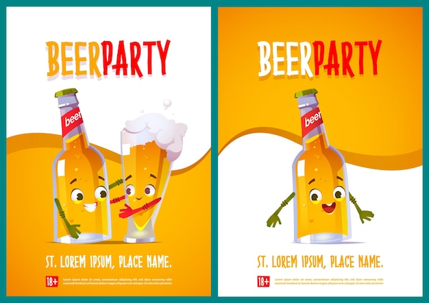 Poster per feste della birra con simpatici personaggi di bottiglia e bicchiere. volantini di vettore con l'illustrazione del fumetto di abbracci di personaggio divertente pinta di birra chiara con boccale di birra. inviti per feste in pub o bar